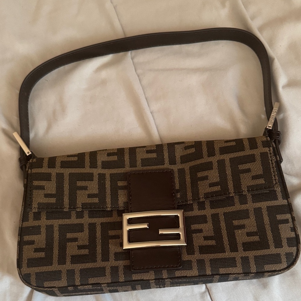 Brown letter leather and material handbag
